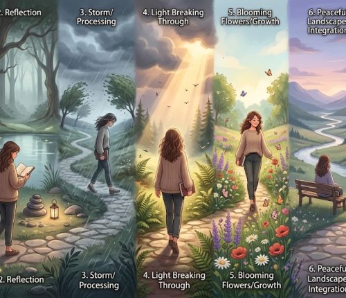 Visual representation of the 7 stages of emotional healing from pain to transformation